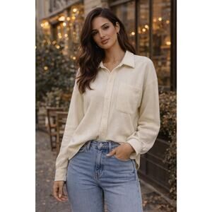 Pink Victory Secret Cream Button Down Shirt Women's Size M Casual Preppy Cozy